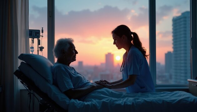 Nurse holds senior patient hands in hospital room. Woman in scrubs supports elderly person in bed at sunset. Hope and care in medical care setting.