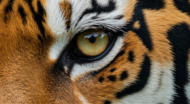 Extreme close-up of tiger eye. Detailed view of feline iris and surrounding fur texture. Macro shot of wild animal face. Concept of nature observation and wildlife biology research study