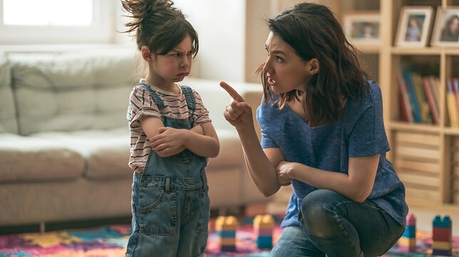 Mother scolding her daughter at home, child looking upset with arms crossed.