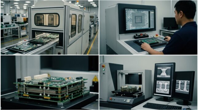 Medium shot of inline Xray inspection system analyzing hidden joints on electronic circuit boards for quality assurance in manufacturing processes. Medium shot of offline 2D Xray