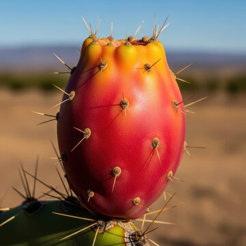 Vibrant red and orange prickly pear cactus fruit harvested in an arid, sunny landscape, symbolizing resilience and survival, landscape, green, healthy