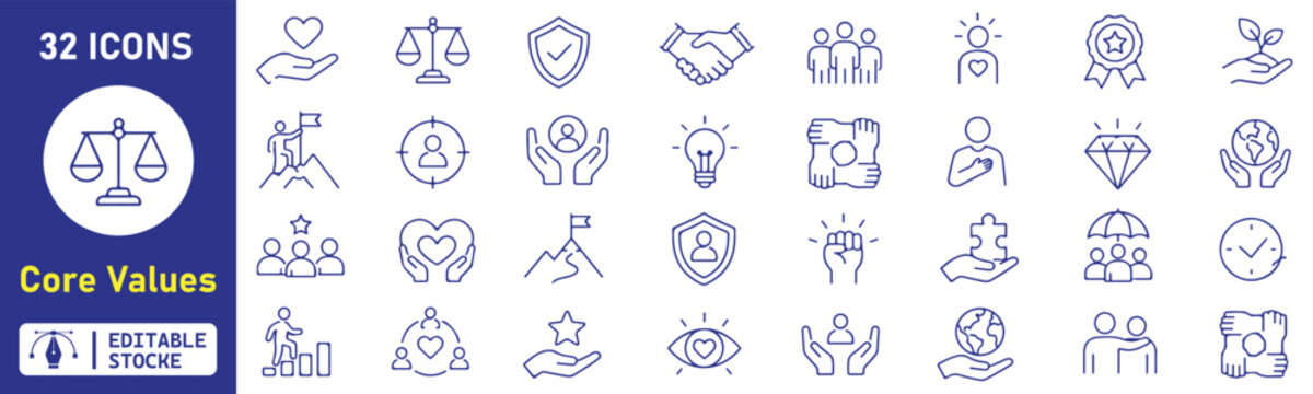 32 Core Values Vector Outline Icons Set &ndash; Integrity, Trust, Leadership, Teamwork, Ethics and Company Culture Line Symbols Collection