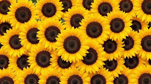 Panning shot of sunflowers shifting across seamless close up floral pattern in studio with warm daylight highlighting textured yellow petals and dark centers