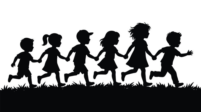 A black vector illustration of happy diverse children holding hands while running together in unison