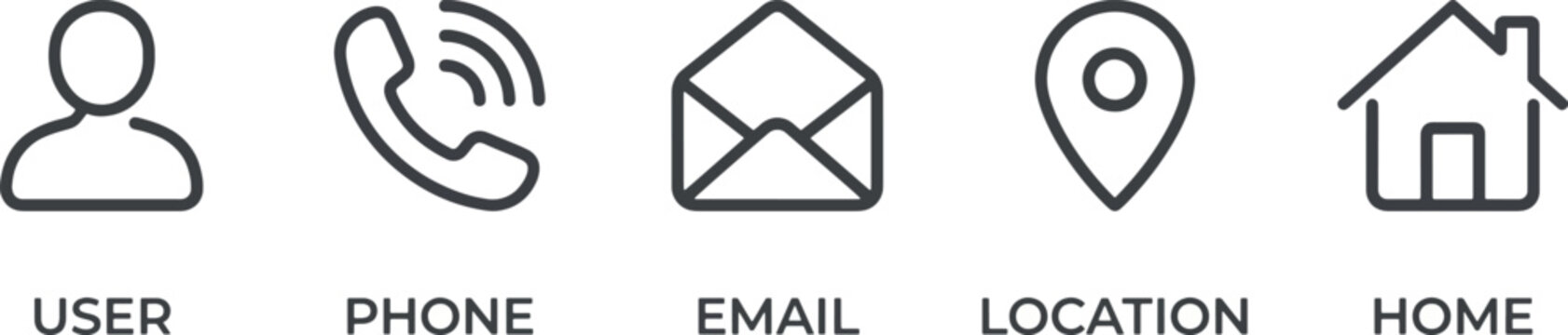 Collection of modern line icons representing contact methods and home