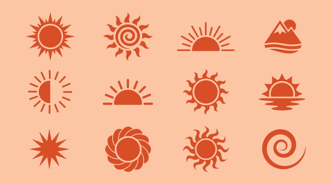 Retro sun burst silhouette icon collection. Orange linear suns featuring sunburst rays, sunset horizon, half sun, spiral waves and abstract celestial shapes for logo design.
