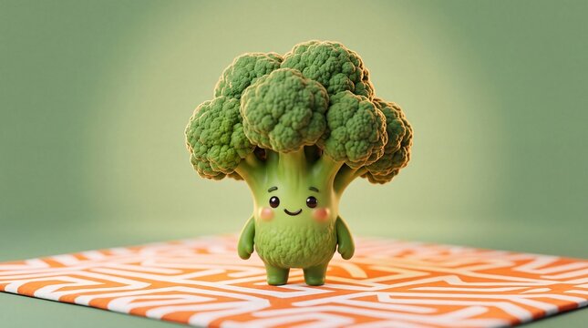 A cheerful cartoon broccoli character standing on a vibrant orange and white patterned cloth against a soft green background