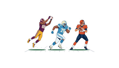 American football players vector set with quarterback throwing passer receiver catching ball and running back action isolated