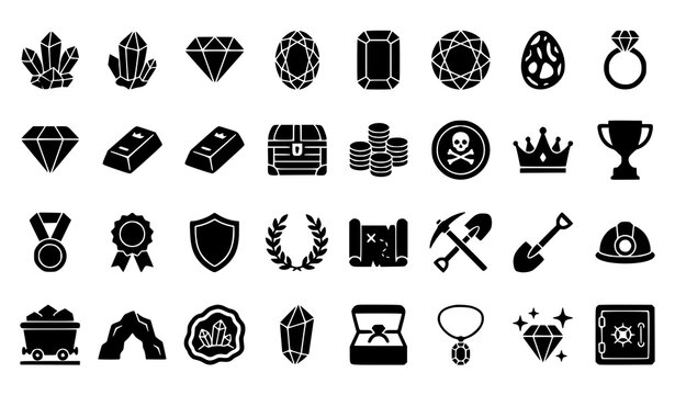 Modern gemstone and treasure silhouette icon collection with crystals diamonds mining rewards and trophy symbols isolated on white background