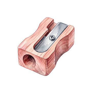 Classic wooden pencil sharpener with metal blade on transparent background with watercolor illustration traditional