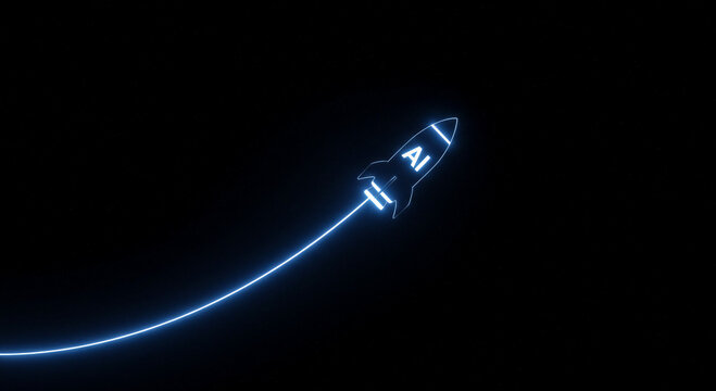 Glowing rocket with AI sign flying upward on dark background. Digital illustration of artificial intelligence growth and innovation. Corporate business development and technology concept