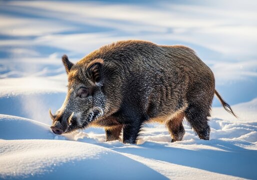 A massive wild hog stands braced against the biting cold, searching for hidden food sources under a thick blanket of winter snow, survival, freezing, wilderness