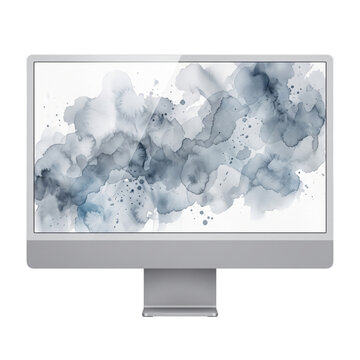 Modern desktop computer monitor displaying blue watercolor splash on transparent background with computer with screen presented transparent