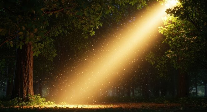 A single powerful ray of golden light pierces through thick forest leaves, illuminating floating dust motes in the cool woodland air, energy, dust, radiance