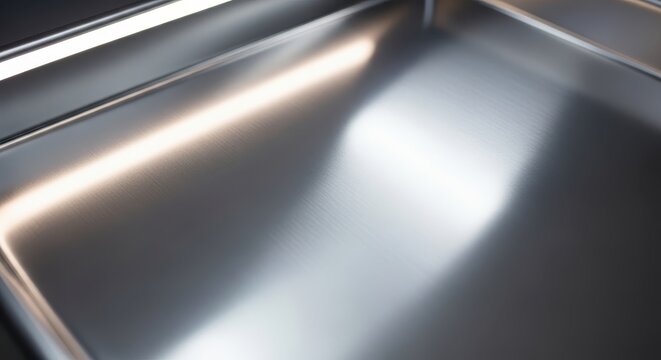 Bright studio light reflecting intensely off a smooth, highly reflective metallic surface, creating a vibrant, clean, and glossy abstract visual, illuminated, streamlined, optical