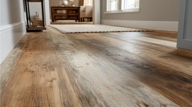 Close up of rustic lvp floor plank in a bright home hallway, showing wood texture, modern interior style, durability and warm residential flooring design.