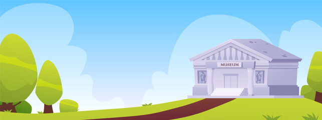 Obraz premium Museum building on the lawn, vector cartoon historical architecture construction with signboard, statue and columns