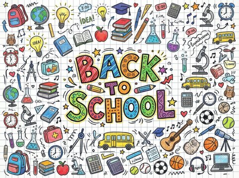 Back to school doodle pattern background with various school supplies and icons