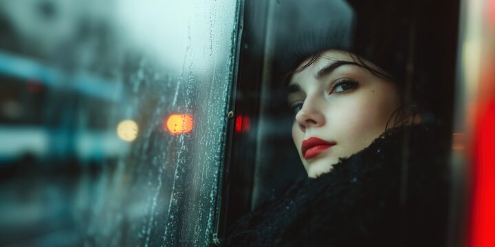 Woman portrait in an old-fashioned bus looking out the window during the rain, subtle light leak, film noir aesthetic, dark tones with space for text