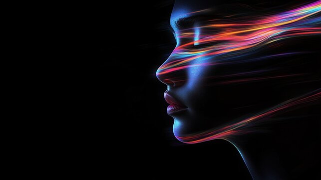 Profile face with multicolored light streaks across a dark background, showing a partially lit human portrait with futuristic visual effects.