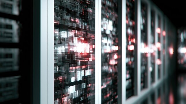 Server rack with glowing pixelated glitch patterns and digital noise in a dark data center setting with clean white panels and copy space.