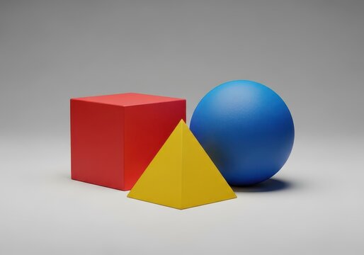 Minimalist composition of primary colored geometric solids including a red cube, blue sphere, and yellow pyramid over a neutral backdrop, object, matte, minimalist