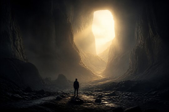 Silhouetted figure stands at cave's edge, facing light. Golden rays pierce dark passage, casting warm glow. Damp stones and mist cling to cavern walls. Distant light suggests escape, hope