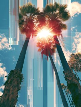 Palm trees against a blue sky with bright sun flare, scattered clouds, and vertical glitch-like streaks creating a summer vacation background with copy space.