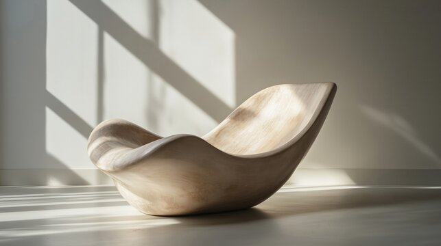 Minimalist wooden sculptural chair in sunlit studio, organic furniture design with window shadows, empty wall for copy space, modern interior concept