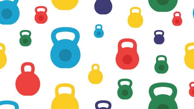 Dynamic seamless pattern featuring colorful kettlebells in various sizes on a white background, perfect for fitness and workout themes.