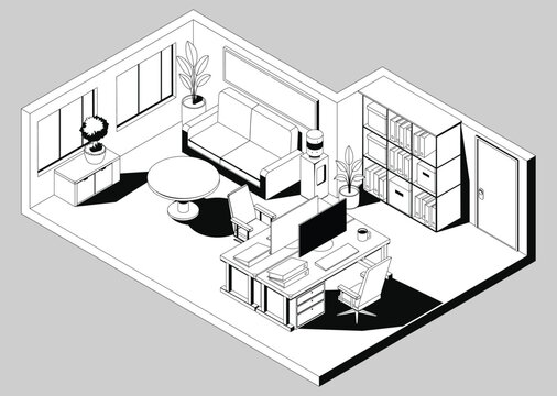 Isometric office workspace line art vector illustration with architectural interior outline