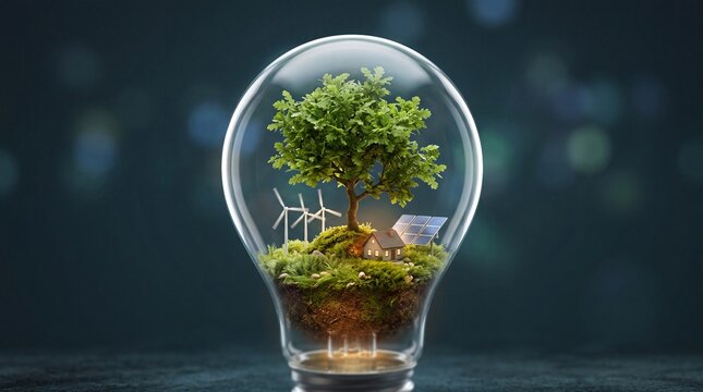 A miniature eco-friendly landscape inside a lightbulb with a tree, solar panels, and a house