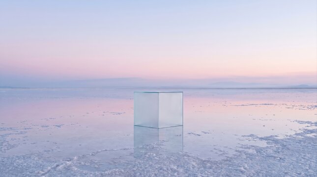 Transparent cube on salt flat landscape with reflections of pastel sky and serene horizon.