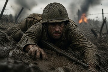 Obraz premium Soldier crawls through thick mud, helmet caked in grime. Face shows exhaustion and grim determination. Smoke and fire loom behind barbed wire. Ideal for war, resilience, or survival themes