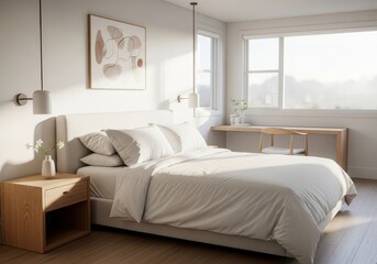 Fototapeta premium A serene guesthouse bedroom features a plush white bed, natural wooden furniture, soft morning sunlight, and a minimalist interior design, decor, house, wooden