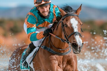 Fototapeta premium Close-up of a jockey and horse racing through water