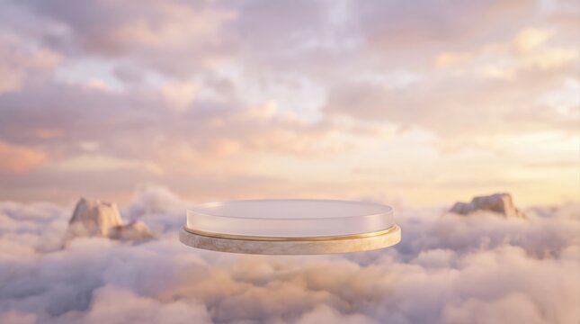 Circular glass and marble podium floating above white clouds at sunset with mountain peaks distance.
