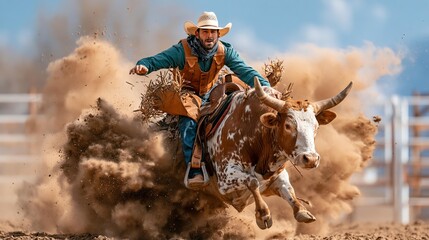 Fototapeta premium Cowboy rides a bucking bull in a rodeo, kicking up dust