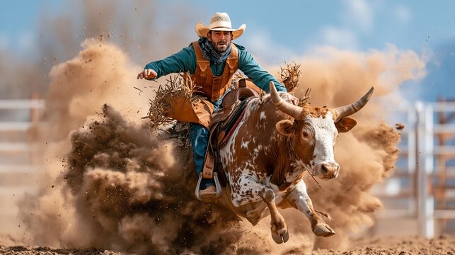 Cowboy rides a bucking bull in a rodeo, kicking up dust
