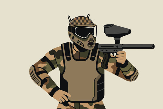 Tactical paintball player wearing camouflage clothing, goggles, protective helmet, and holding a black marker gun.