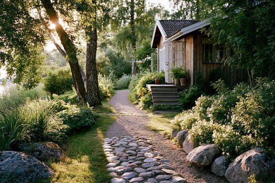 Serene wooden cottage path lined with lush greenery and flowers in soft sunlight