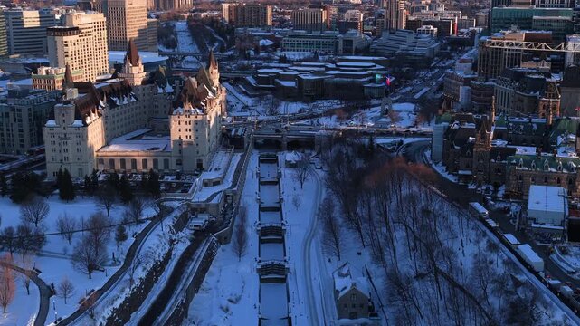 Rideau locks downtown ottawa winter aerial
