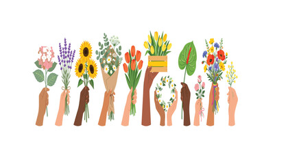 Diverse hands holding various beautiful floral bouquets and spring blossoms for celebration greeting card background design © Monzurul