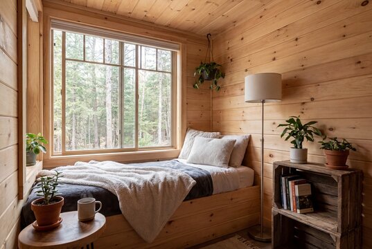 Interior of a wooden cabin bedroom with a forest view. Built-in bed by a large window with blankets and pillows. Rustic home decor with potted plants and books