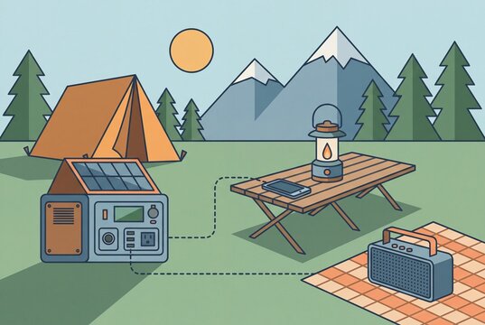 Flat vector illustration of a campsite with a portable solar power station. Off-grid camping setup charging a phone and radio. Renewable energy outdoor recreation concept