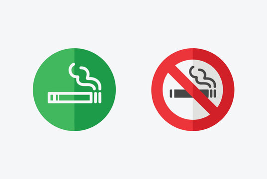 Graphic comparison of a green smoking area permit sign and a red prohibited no smoking warning symbol on a wall.