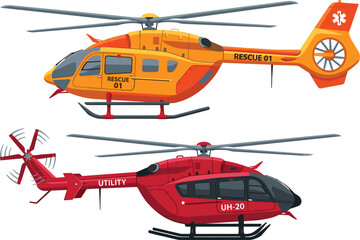 PrintEmergency rescue and utility medical helicopter vector set with orange search and rescue chopper and red utility aircraft design isolated © Monzurul