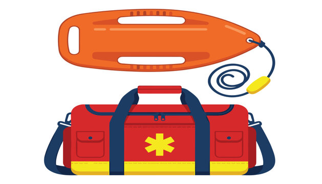 Emergency medical first aid kit bag and orange lifeguard rescue buoy vector illustration set isolated on white background
