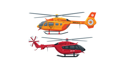 PrintEmergency rescue and utility medical helicopter vector set with orange search and rescue chopper and red utility aircraft design isolated © Monzurul