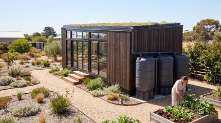 Obraz premium Modern tiny house with green roof and rainwater harvesting tanks. Sustainable living and gardening in a modular home. Eco-friendly architecture and self-sufficiency concept